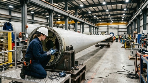 Female engineer in hard hat inspects large wind turbine blade assembly with tablet in industrial factory