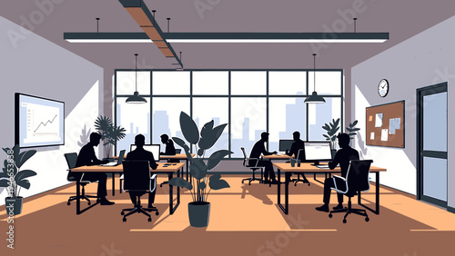 Office Space with Silhouetted Workers and City View vector illustration