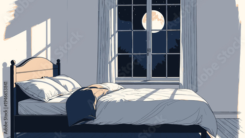 Moonlit Bedroom Interior with Bed vector illustration