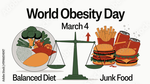 World Obesity Day Concept with Balanced Diet and Junk Food vector illustration