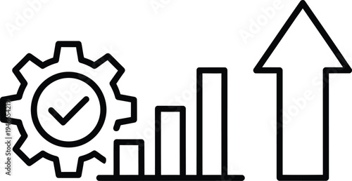 A black and white line graph icon with a gear and upward arrow indicating growth and optimization