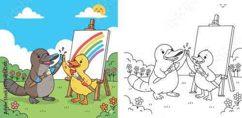 Happy Cartoon Platypus and Duck Painting a Rainbow High-Five in a Sunny Outdoor Setting