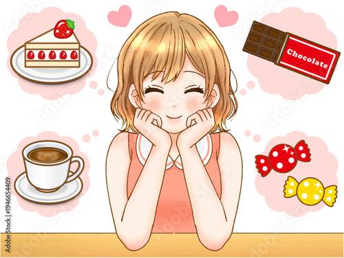 ダイエット中にお菓子の想像をする女子のアニメ系イラスト素材2