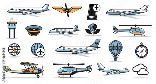 Collection of Aviation Icons - Planes, Helicopters, and Air Travel Symbols.