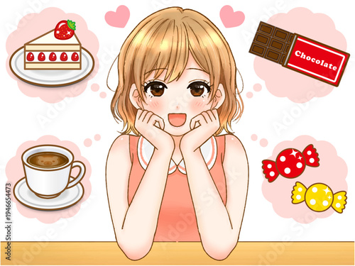 ダイエット中にお菓子の想像をする女子のアニメ系イラスト素材