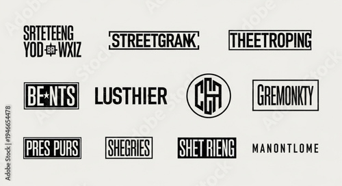 Collection of typographic logos and wordmarks featuring various fictional brand names in a vintage style.