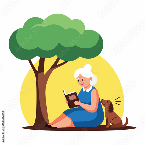 Senior Woman Reading With Dog Under a Tree