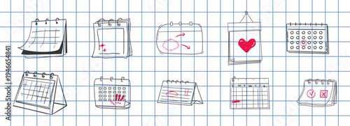 Calendar blank template in doodle style, sketch hand drawn clip art for planning, diary, sticker. Hanging line schedule planner. Reminder and calendar with a check.