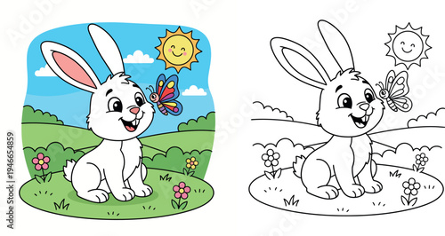 Adorable Cartoon White Rabbit and Butterfly Friends in a Sunny Outdoor Meadow