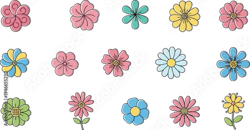 Collection of fifteen colorful cartoon flowers on white background floral