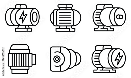 Set of six electric motor icons, black and white outline vector set, representing industrial motors, mechanical devices