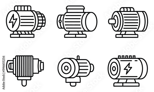Set of six electric motor icons in black and white line art style, vector illustration for engineering, industrial equipment, machinery