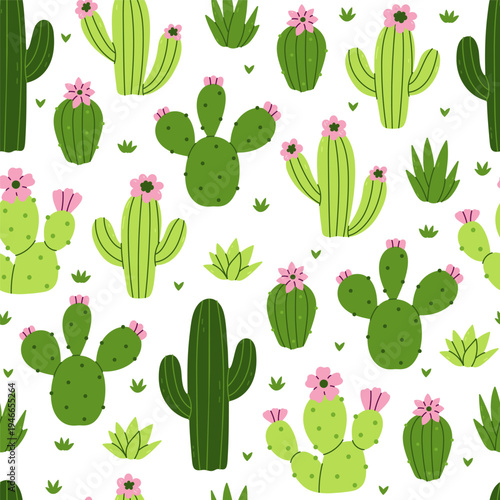 A simple seamless pattern with various cacti on a white background. Vector graphics.
