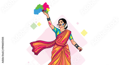 Woman in traditional Indian attire celebrating happy Holi with colorful powders in a vibrant and festive atmosphere