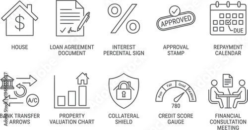 A collection of ten finance and real estate icons representing loan processes and property management.