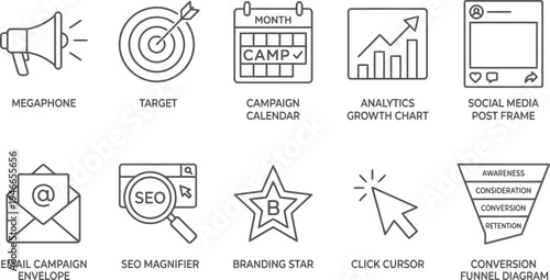 Digital marketing and business icon set featuring social media, seo, and conversion funnel elements.