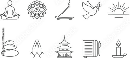 Collection of meditation and mindfulness icons including yoga pose, lotus flower, and candle
