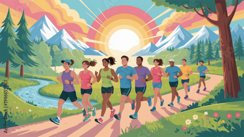 A vibrant digital illustration of a diverse group of people jogging or running together on a scenic trail surrounded by lush greenery and majestic mountains at sunset