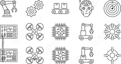 Set of robotics and automation icons including industrial arms, drones, and artificial intelligence
