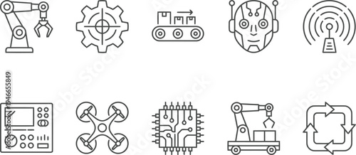 Set of industrial automation and robotics line icons for technology and manufacturing