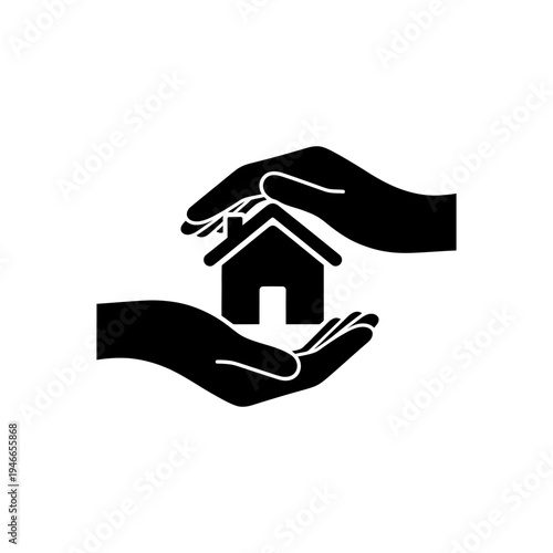 Black Icon of Hands Protecting a House Symbol