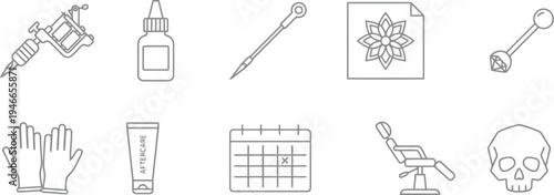 Tattoo equipment and safety icons, line art style, tattooing tools