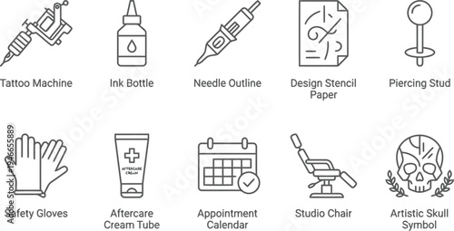 Collection of linear icons representing professional tattoo studio equipment and symbols