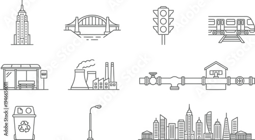 Collection of urban infrastructure and city life line art icons on a white background.