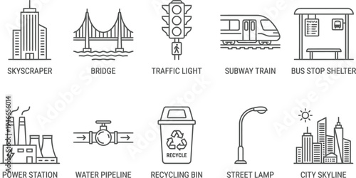 Set of city infrastructure line icons including skyscraper bridge traffic light and subway train