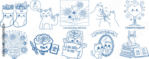 Cute cartoon cats and festive Christmas stockings with positive Coloring Book page Bundle