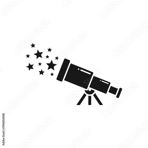 Black Silhouette of Telescope with Stars on White Background