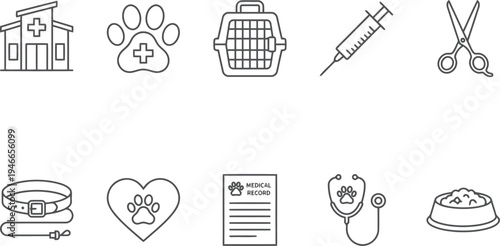 Set of veterinary care and pet health icons featuring a clinic, syringe, and grooming tools