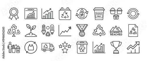 Set of environmental and sustainable development related black outline icons