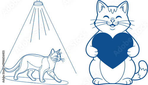 Two blue line of a cat walking under a light and another cat holding a Coloring Book page Bundle