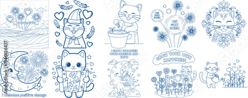 Whimsical cat planting a seedling in a pot with inspirational messages Coloring Book page Bundle