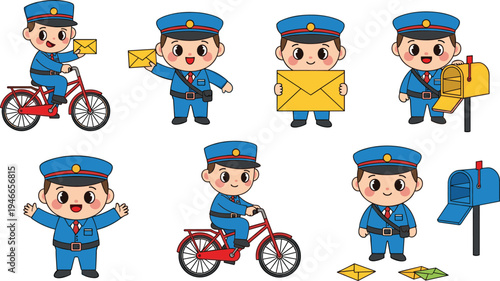 Cute postman cartoon character set delivering mail with bicycle letters and mailbox postal worker mascot different poses vector illustration
