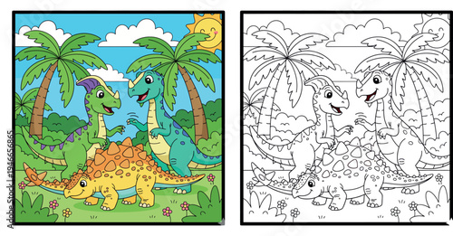 Happy Cartoon Dinosaurs Playing and Interacting in a Sunny Prehistoric Landscape