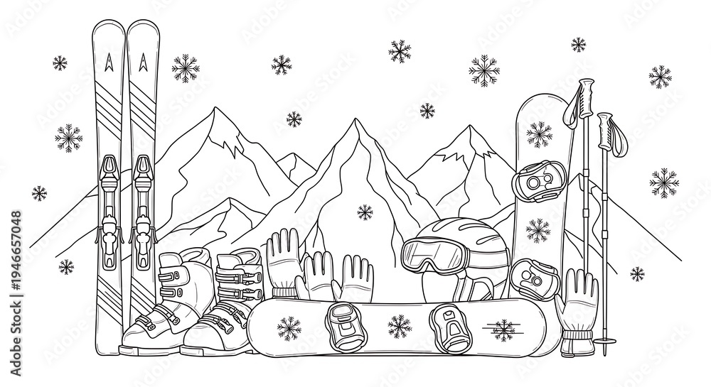 Fototapeta premium Line art illustration depicts winter ski equipment set against snow-capped mountain backdrop