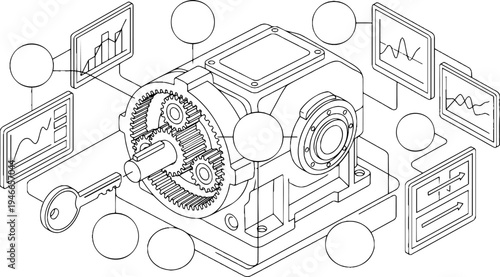 Isometric line art vector of planetary gearbox diagram, diagnostic screens and key
