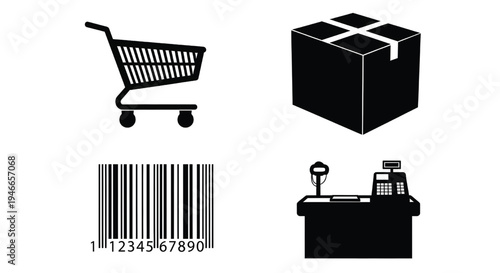 Silhouetted icons against a white background, featuring a shopping cart, a barcode, a cash register with a scale, and a boxed package.