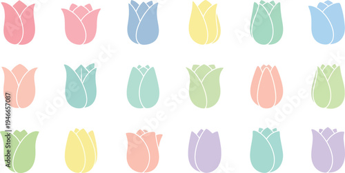Collection of pastel colored tulip on white background flower pink blue