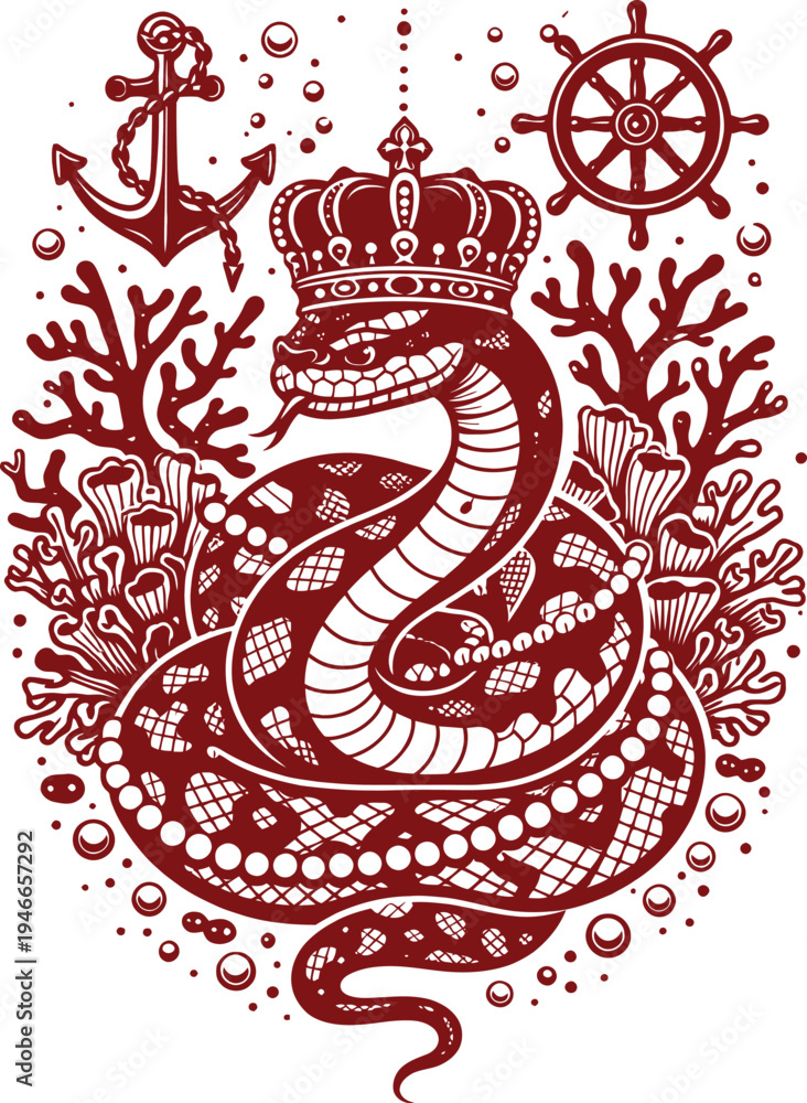Fototapeta premium Royal Snake Crown Nautical Anchor Coral Ocean Crest