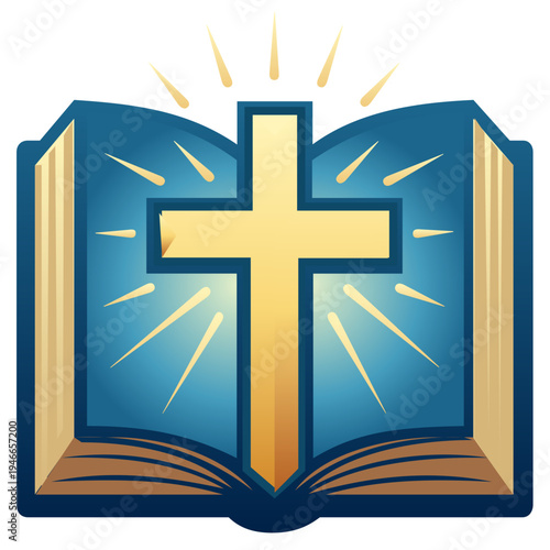 Radiant Holy Bible with Shining Golden Cross Illustration. Spiritual vector graphic showing an open Bible with a glowing golden cross and light rays (divine radiance). Symbolizes enlightenment, 