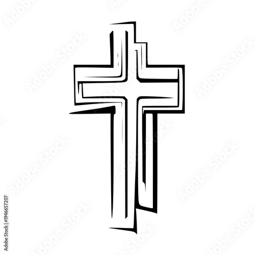 Hand Drawn Christian Cross Line Art Illustration. A minimalist black and white vector illustration of a Christian cross with artistic hand-drawn strokes. Clean outline design suitable for religious 