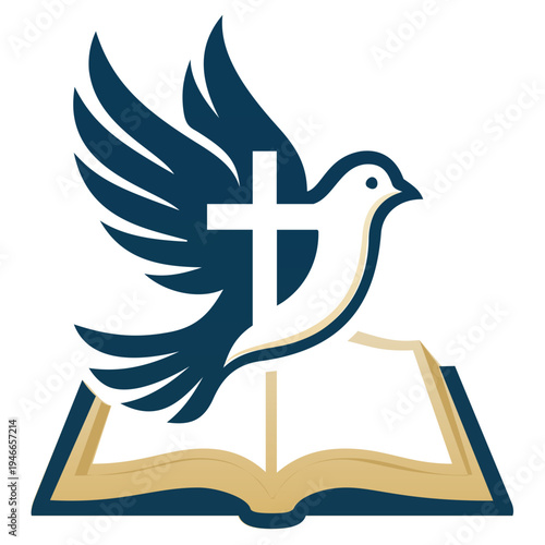 Stylized Dove and Cross over Open Bible Concept. Creative religious vector design where a stylized dove and cross are integrated over an open Bible. Bold blue and gold colors for a contemporary church