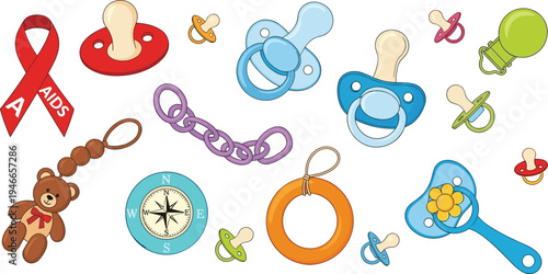 Collection of baby items including pacifiers, teddy bear, rattle, chain, compass, and AIDS awareness ribbon for health, childhood, and symbolic illustration design.