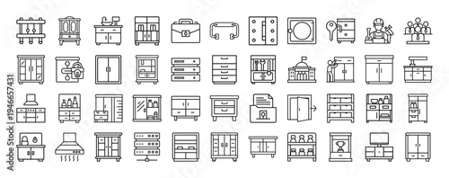 Furniture and cabinetry black and white icon set for interior design