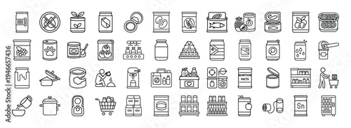 Collection of canned and preserved food products in outline style icons