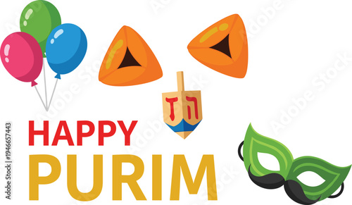 Festive Purim illustration featuring balloons, hamantaschen cookies, dreidel, masquerade mask, and “Happy Purim” text for Jewish holiday artwork or celebratory design.