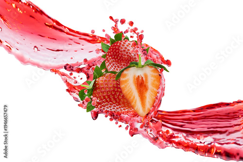 Quadro em tela Flows of fresh strawberry juice with cut pulpy red strawberry slices, splashes connect and soar in air, isolated
